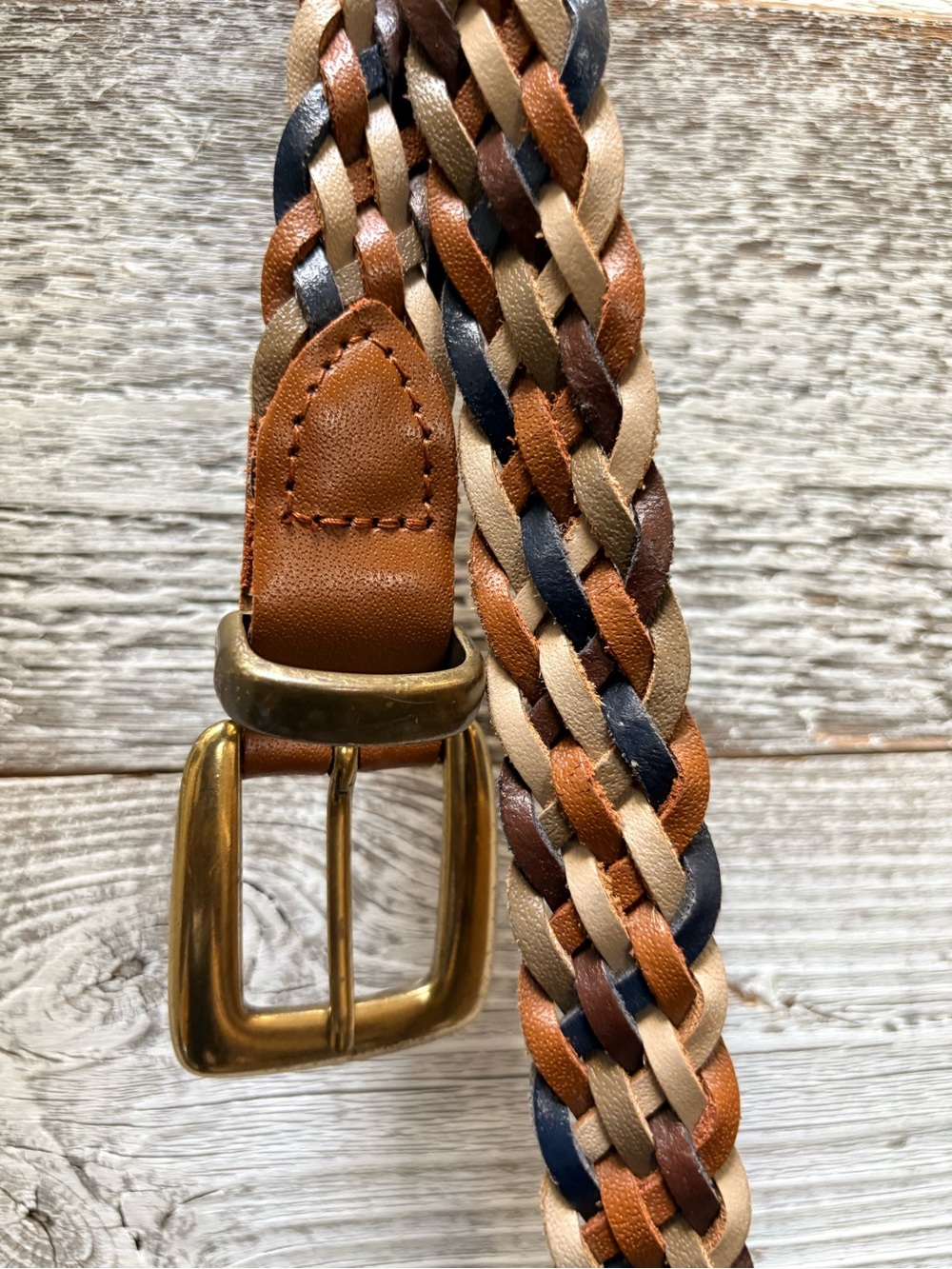 Braided Leather Belt w/ Brassy Buckle - M/L, Navy/Cream/Tan/Brown